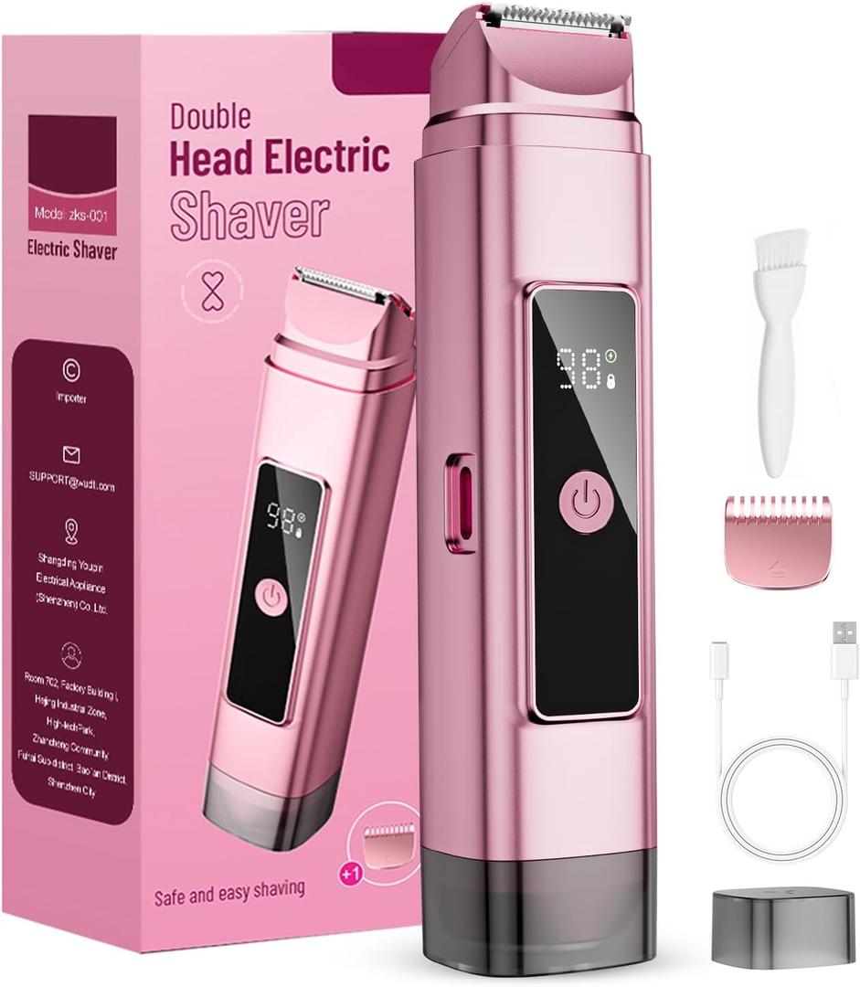 Electric Bikini Trimmer for Women: Razor & Shaver with Dual Heads for Body Pubic Hair, IPX7 Waterproof with LED Display - Rechargeable Lady Trimmer for Underarm Body Leg Face-Coral Pink