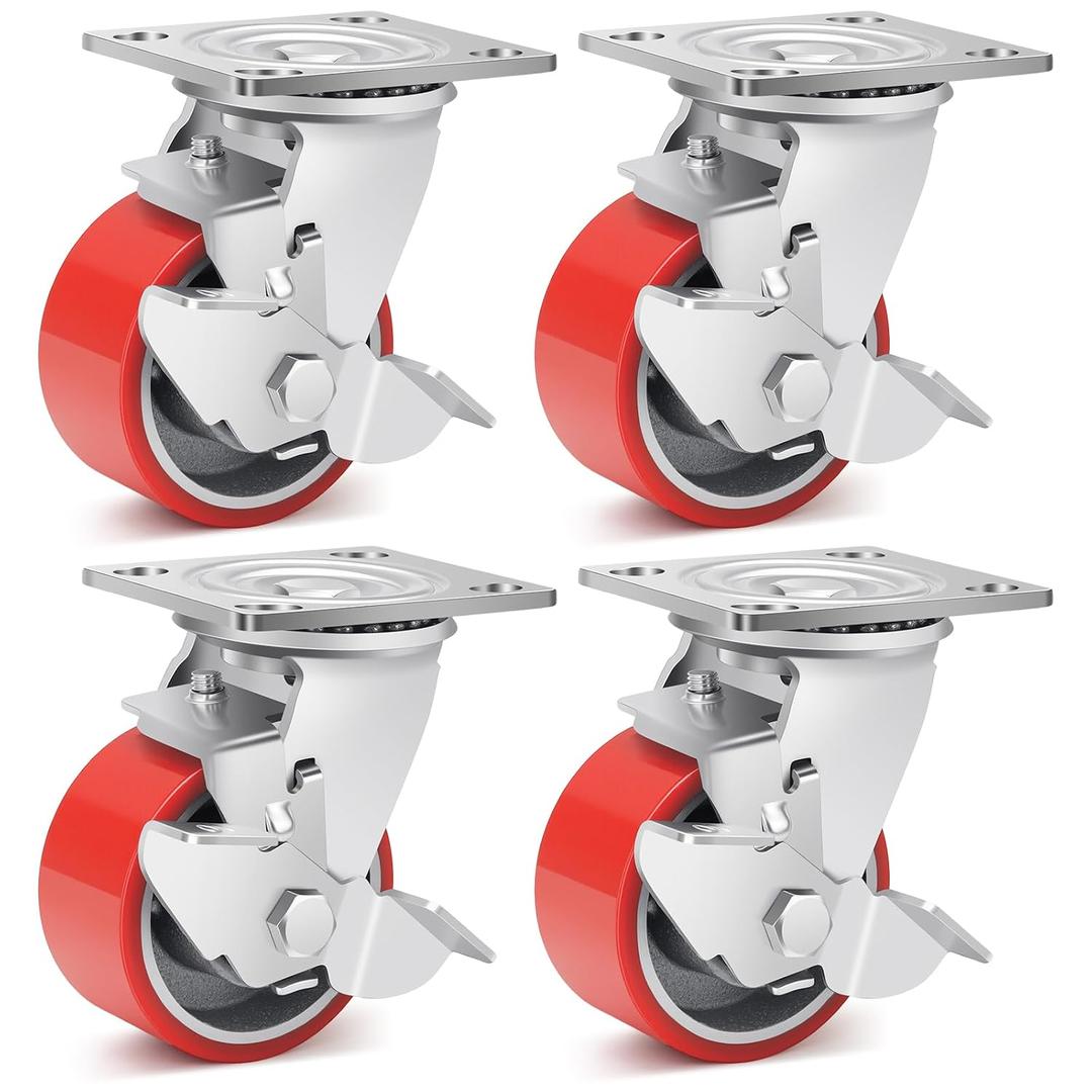 Nefish 4 Inch Industrial Casters Set of 4, Heavy Duty Casters with Brake 3200 Lbs, No Noise Polyurethane Wheel on Steel Hub, Swivel Plate Caster Wheels for Toolbox Workbench (4 Swivel & Brakes)