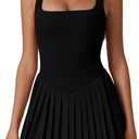 QINSEN Womens Square Neck Tennis Dress Pleated Sleeveless Built in Shorts Golf Athletic Dress with Pockets, XS