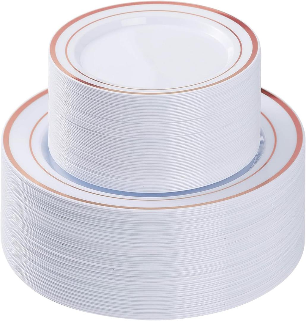 BESTVIP 100PCS Rose Gold Plastic Plate, Disposable Party Plates with 50 Dinner and 50 Dessert Plates, Plastic Plate for Party, Wedding and Birthday