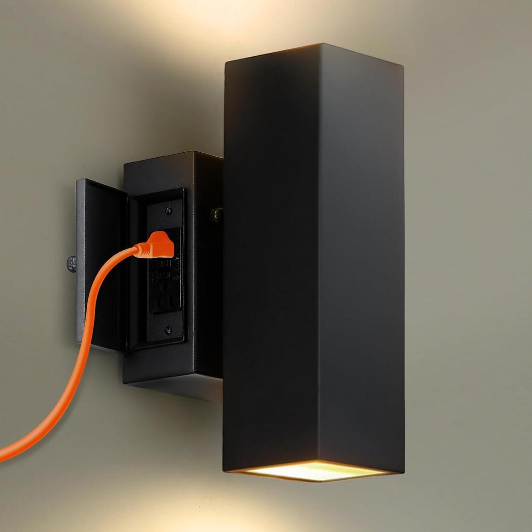 SHIMR Porch Light with GFCI Outlet, Outdoor Wall Lights with Dusk to Dawn Sensor, Black Exterior Lighting Fixture Wall Mount with E26 Base, Outdoor Wall Sconce Up Down Lights for House Garage Doorway (1 Pack, Black Style 1)