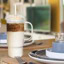 32oz Ribbed Glass Cup with Handle glass Lid and Plastic Straw, Glass Tumbler, Iced Coffee Cups Hot/Cold Drinks