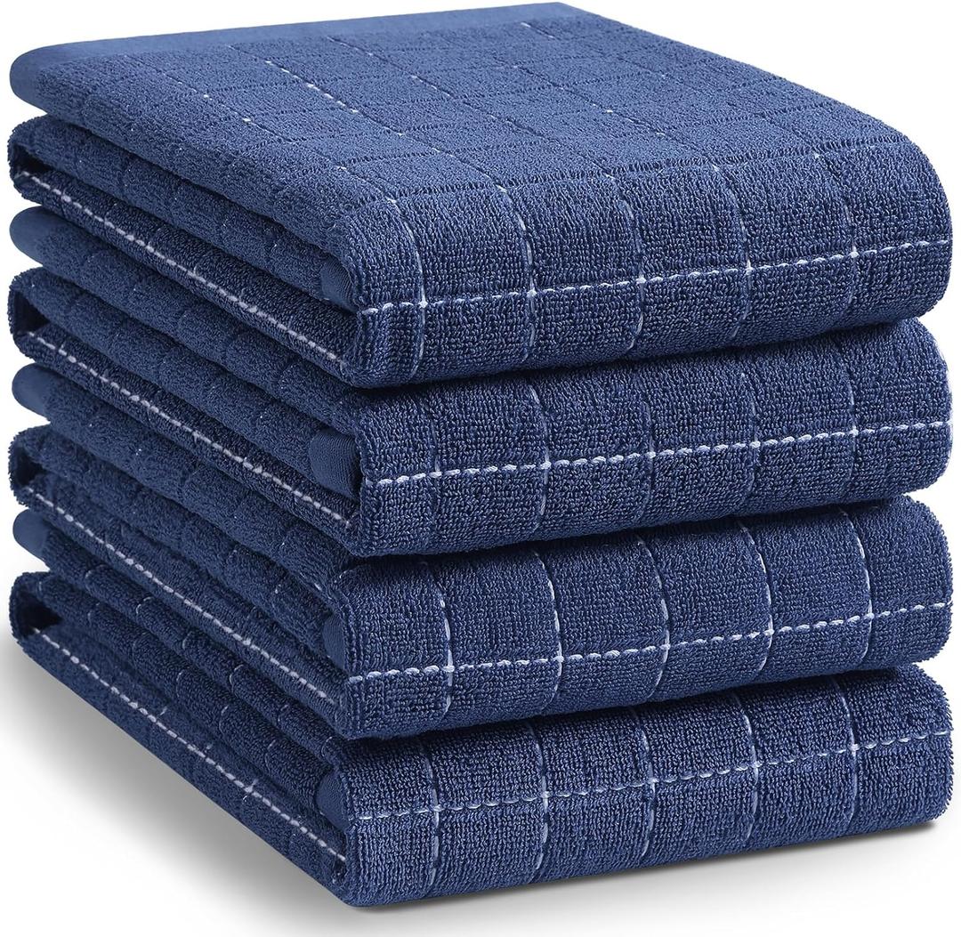 Homaxy 100% Cotton Terry Kitchen Towels(Navy Blue, 20 x 28 inches), Checkered Designed, Soft and Super Absorbent Dish Towels, Large 4 Pack