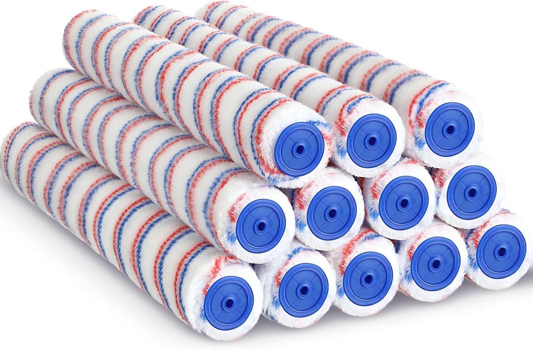 Leumoi 12 Pcs 18 Inch 3/8" Nap Paint Roller Covers Bulk Microfiber Refill Roller Cover with End Caps Painter Lint Free Paint Kit Home Repair Tools for Most Types of Surfaces
