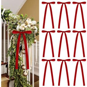 20 Pcs Velvet Bows for Christmas Tree - 5.9" x 11.81" Vintage Rustic Ribbon Bow Ornaments for Xmas Gift Wrapping Garland Wreath Window Fireplace Staircase Holiday Wedding Home Decor (20, Red)
