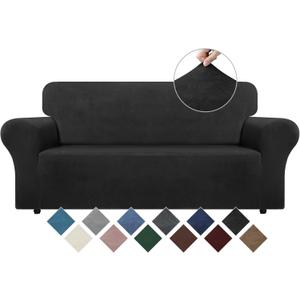 WEERRW Velvet Couch Cover - High Stretch Sofa Slipcovers with Non Skid Foam and Elastic Bottom, Furniture Protector for Pets, Crafted from Soft Plush Fabric, Black, Medium