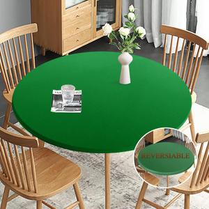 Obstal Fitted Round Green Table Cloth, Reversible Waterproof Stain Resistant Elastic Stretch Tablecloth, Wipe Clean Table Cover for Outdoor/Indoor Use, Fits Round Tables up to 40" - 44" Diameter