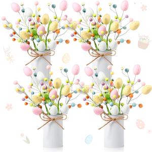 Riceshoot 4 Set Easter Table Centerpiece Decor Artificial Easter Egg Picks with Metal Vase Daisy Flowers Sprays Floral Berry Stems Colorful Egg Twig Branches for Spring Home Party Decoration