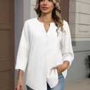 Zeagoo Button Down Shirts for Women 3/4 Sleeve Linen Cotton V Neck Tops Dressy Casual Loose Work Blouses (White, S)