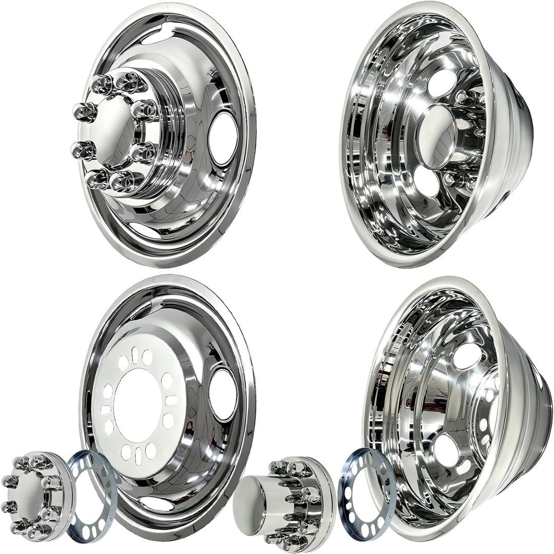 hightall 16 Wheel Simulators,16“ 8 Lug 6.5" Bolt Pattern Dual Rear Wheel Stainless Steel Hub Caps,Bolts On Wheel Cover Set Compatible with Chevy GMC Ford Dodge 3500 Dually Trucks & Vans, 16“ Ring Mounting For Chevy GMC Ford DRW