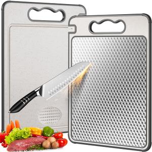 Double Sided 304 Stainless Steel & Wheat Straw Cutting Board, 14.4"*9.8" Non Toxic Chopping Board, Separately Handle Meat and Vegetables, Dishwasher Safe, Scratch Resistant Mesh Design (Gray)