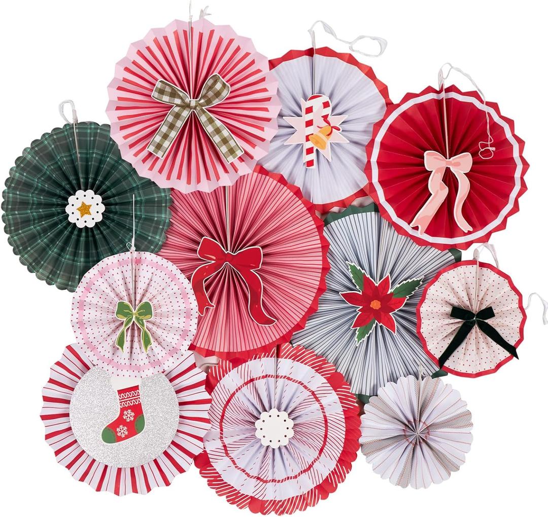 Christmas Hanging Paper Fans Decoration Hanging Christmas Decorations Classroom Red Green White Wall Decorations Paper Fans with Candy Bow for Xmas Winter Wall Ceiling Party Holiday