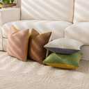 SINYASAN Mustard Fall Chenille Throw Pillow Covers 18x18 Inch Set of 2, Green Soft Velvety Pillow Covers Colorful Square Fuzzy Cushion Covers for Boho Farmhouse Living Room Bed Neutral Decor