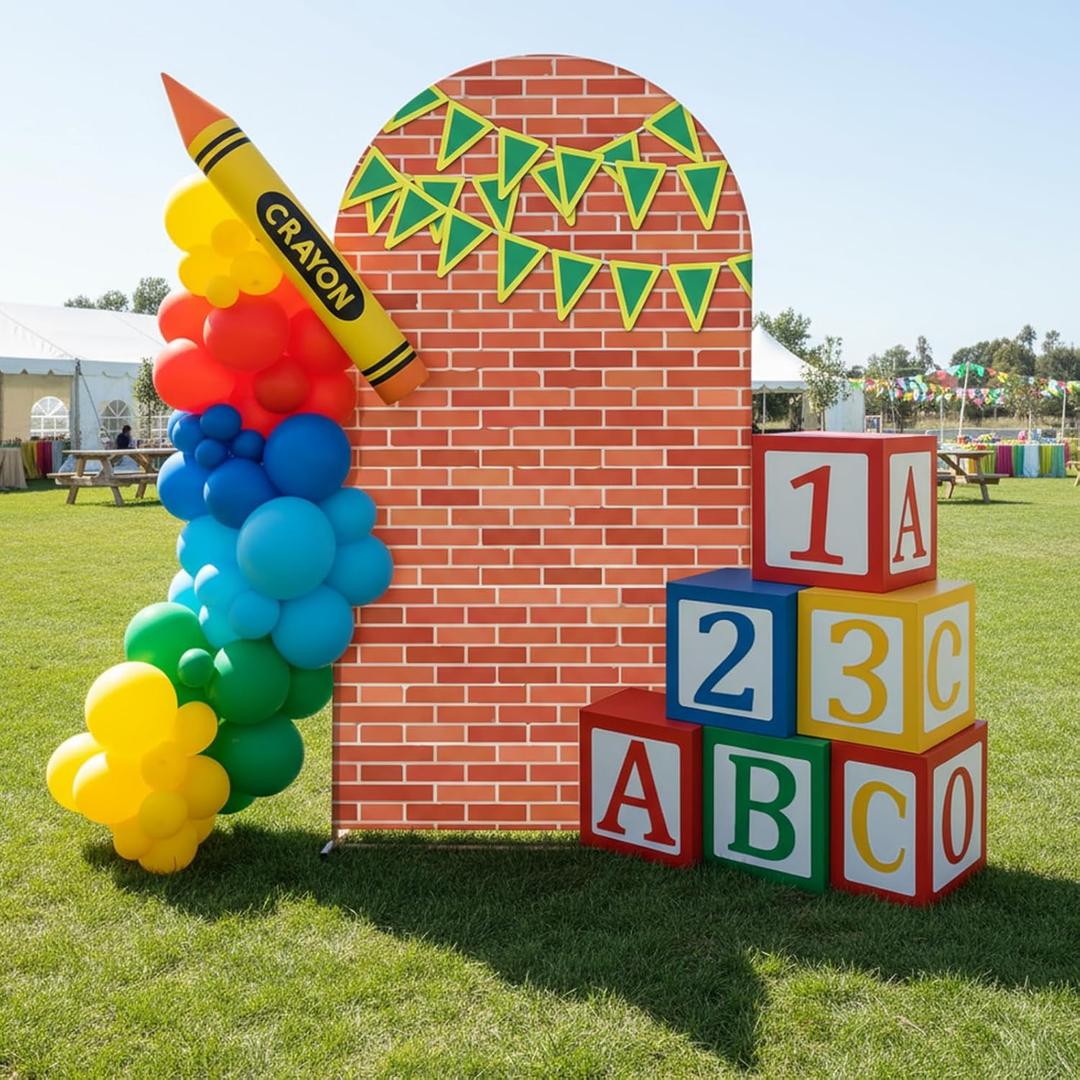VitalCozy 7.2ft Red Brick Arch Backdrop Cover Cartoon Street Photography Backdrops with Colorful Flags Decor for Back to School Prek Graduation Friends Birthday Party Photo Props
