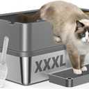 OROLEY XXXL Stainless Steel Cat Litter Box with Lid, Extra Large High-Sided Enclosed Box for Big Cats, Leak-Proof & Non-Stick, Easy Entry, Includes Scoop & Step (23.6" x 15.7" x 10.6")