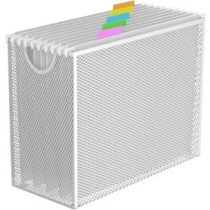 White Hanging File Organizer Box, Hanging File Folder Frame with 5 Letter-size Hanging Folders, Metal Mesh Desk File Folder Storage (No Assembly Required)