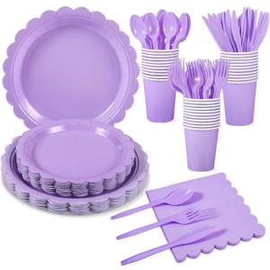 175 Pcs Lavender Paper Plates and Napkins, Light Purple Party Supplies Include Scalloped Mothers Day Plates Napkin Cup Plastic Cutlery for Spring Garden Party, Baby Shower, Wedding