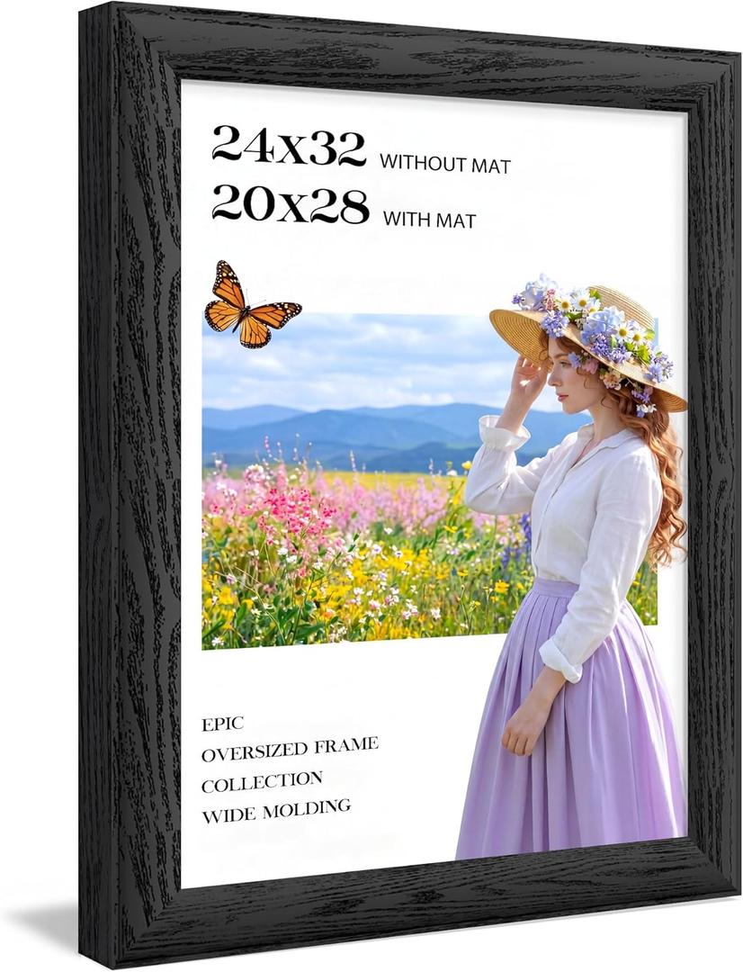 24x32 Poster frame Black, 1.57 Inch Wide Wood Grain Texture, Display Pictures 20x28 with Mat,24 x 32 Picture frame with Black Backing Horizontal or Vertical Wall