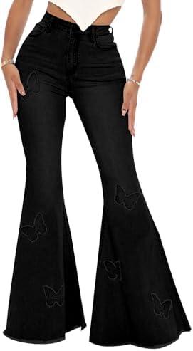 Women's Butterfly Bell Bottom Jeans Elastic High Waisted Embroidered Classic Flareed Jeans Raw Hem Denim Pants with Pocket  XL