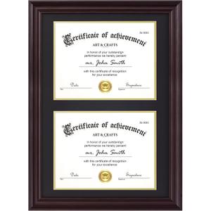 Yaetm Vertical Double Diploma Frame 14x20 for Two 8.5x11 Certificates, Degrees, Documents, Tempered Glass with Black Over Gold Acid-free Mats, Dual Diploma Frames, Brown/Black