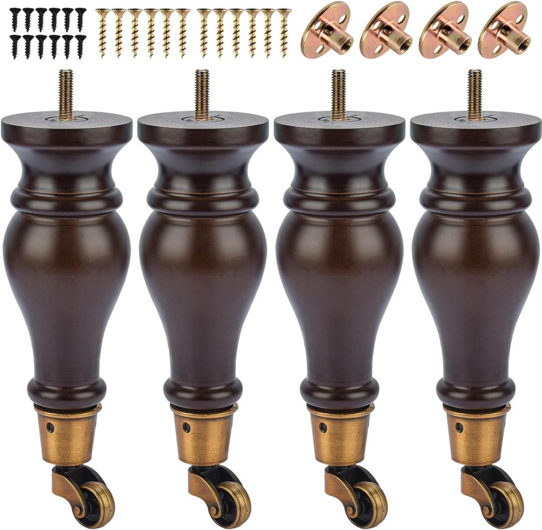 9 inch / 22cm Wooden Furniture Legs with Casters Wheels, Pack of 4 Classic Walnut Solid Wood Round DIY Replacement Bun Feet for DIY Project Sofa Couch Cabinet Ottoman Bed Riser