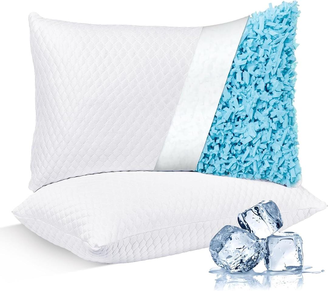 NTCOCO Cooling Bed Pillows Queen Size Pack of 2 for Sleeping Shredded Memory Foam Bed Pillows Adjustable Gel for Side Stomach Back Sleepers Washable Removable Cover Cover