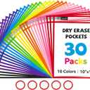 Gamenote 30 Pack Dry Erase Pockets with 5 Rings, 10 Assorted Colors 10x14 Oversized Reusable Plastic Sleeves, Clear Sheet Protectors, Teacher Supplies for Classroom Organization
