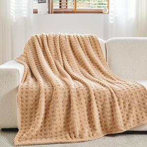 NEWCOSPLAY Super Soft Twin Blanket Brown Premium Silky Flannel Fleece 3D Waffle Checkered Lightweight Bed Blanket All Season Use (Brown, Twin(60"x80"))
