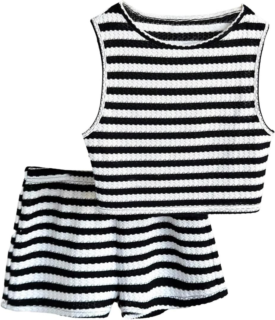 RoseSeek Girl's 2 Piece Striped Summer Outfits Textured Knit Sleeveless Crop Tank Top and Shorts Matching Set (White) 7Y 