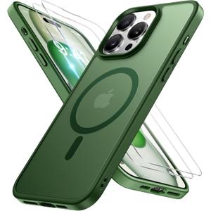 Miracase Magnetic for iPhone 15 Pro Case 6.1 inch (Compatible with MagSafe)with 2X Screen ProtectorsMilitary-Grade Protection, Anti-Fingerprint Translucent Matte Phone Cover, Dark Green