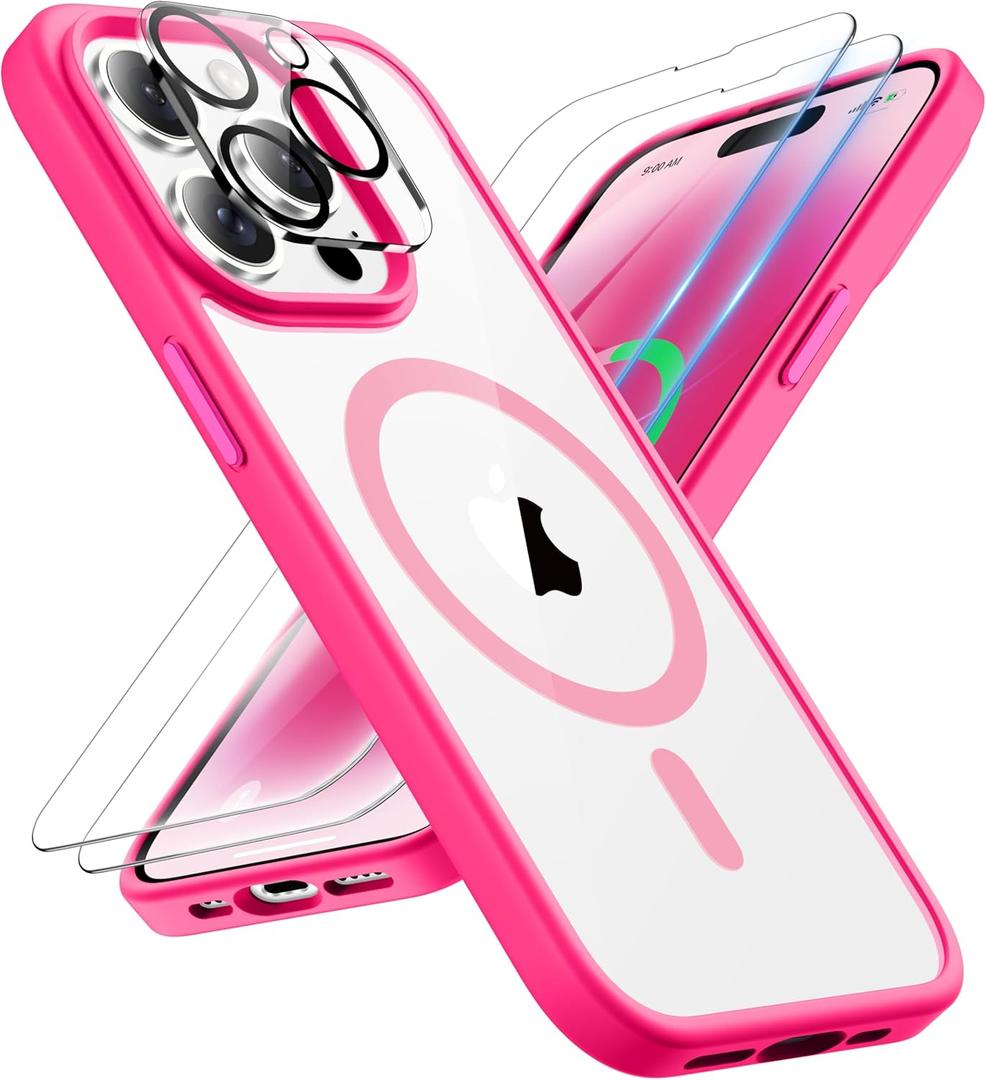 ORETECH for Magnetic iPhone 14 Pro Case, MagSafe Compatible, 15FT Drop Protection, Shockproof, Anti-Scratch, Transparent Back Phone Case with Screen & Camera Lens Protectors, Hot Pink