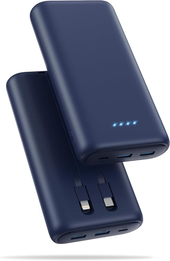 Upgraded Portable Charger 40800mAh Power Bank - Portable Battery with 2 Built in Cables,PD 25W USB C Fast Charging, 5 Outputs Battery Pack Compatible with iPhone 17 16 15 14 Android Phone etc-Navy
