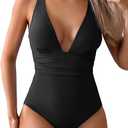 Eomenie Women's One Piece Swimsuit Ribbed Tummy Control Bathing Suit V Neck Slimming 1 Piece Swimwear.XL