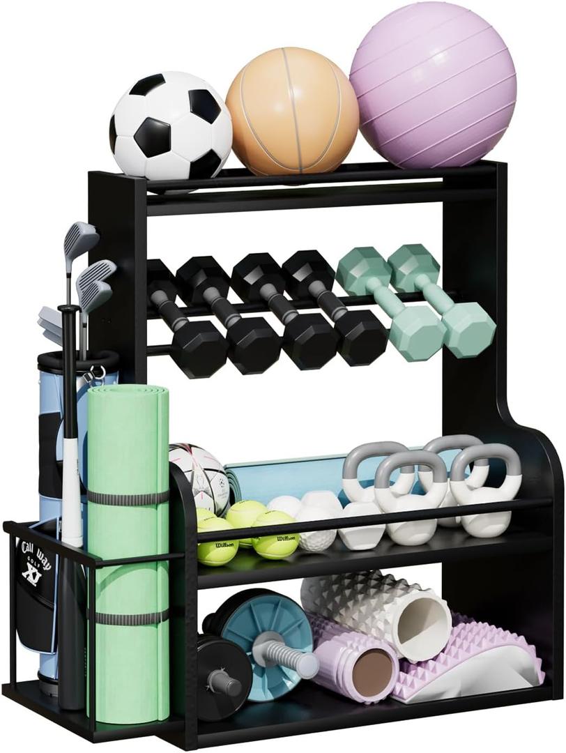 APRTAT Bamboo Dumbbell Rack, Adjustable Weight Rack for Home Gym, All-in-One Workout Equipment Storage for Dumbbells, Kettlebells, Yoga Mats & Balls（Black）