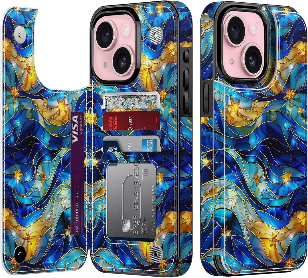 bemal Wallet Case for iPhone 14 Plus, Floral PU Leather Phone Cover for Women with Card Holder Slots, RFID Blocking, Kickstand, Cute Aesthetic Protective Case for Girls, Abstract Bule Gold Water