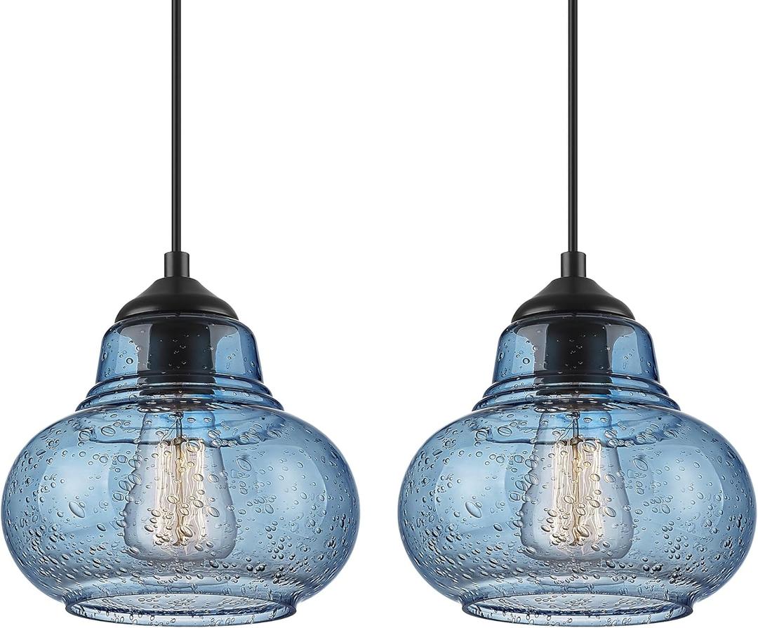 ELYONA 2 Pack Bubble Glass Pendant Lights 8 inch Modern Blue Hand Blown Globe Glass Pendant Lighting Hanging Light fixtures for Kitchen Island Dining Room Bar Bedroom Living Room