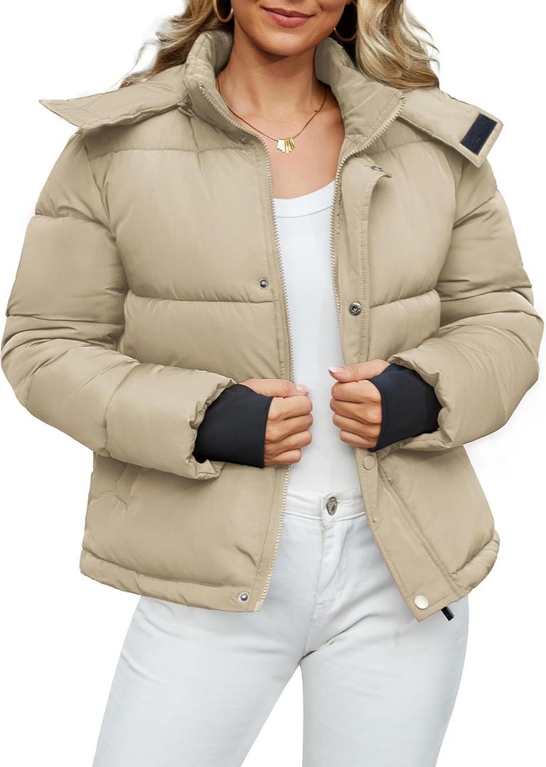 Funlingo Womens Cropped Puffer Jacket with Hood Winter Warm Zip Up Ladies Quilted Coat Fashion 2025 Puffy Outerwear with Pockets Khaki M