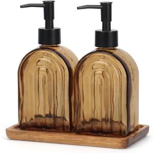 Glass Soap Dispenser Set with Wooden Tray, 13.5Oz Refillable Liquid Modern Soap Dispenser with Plastic Pump for Hand and Dish Set for Bathroom Countertop Decor (Dark Brown)