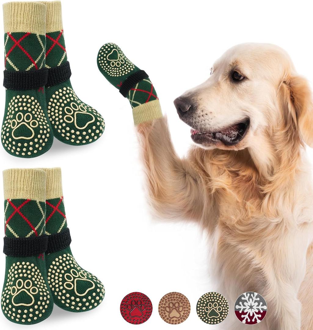 BEAUTYZOO Non Slip Dog Socks to Prevent Licking Paws -Dog Boots & Paw Protectors with Grippers on Hardwood Floors, Dogs Shoes for Hot/Cold Pavement Small Medium Large Senior Dogs Booties (L(2.6"-3" W | Pack of 4), Plaid Green)