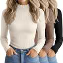 Oakgarden 3 Pack Women's Cotton Long Sleeve Mock Turtleneck Tops Ribbed Lettuce Trim Slim Fit Shirts Thermal Base Layer(Black, Khaki, Cream,Small)