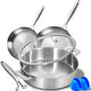 LOLYKITCH 8.51012 Inch TriPly Stainless Steel Frying Pan Set with Lids,Skillets,Induction Cooking Pans,Dishwasher and Oven Safe,Detachable Handle