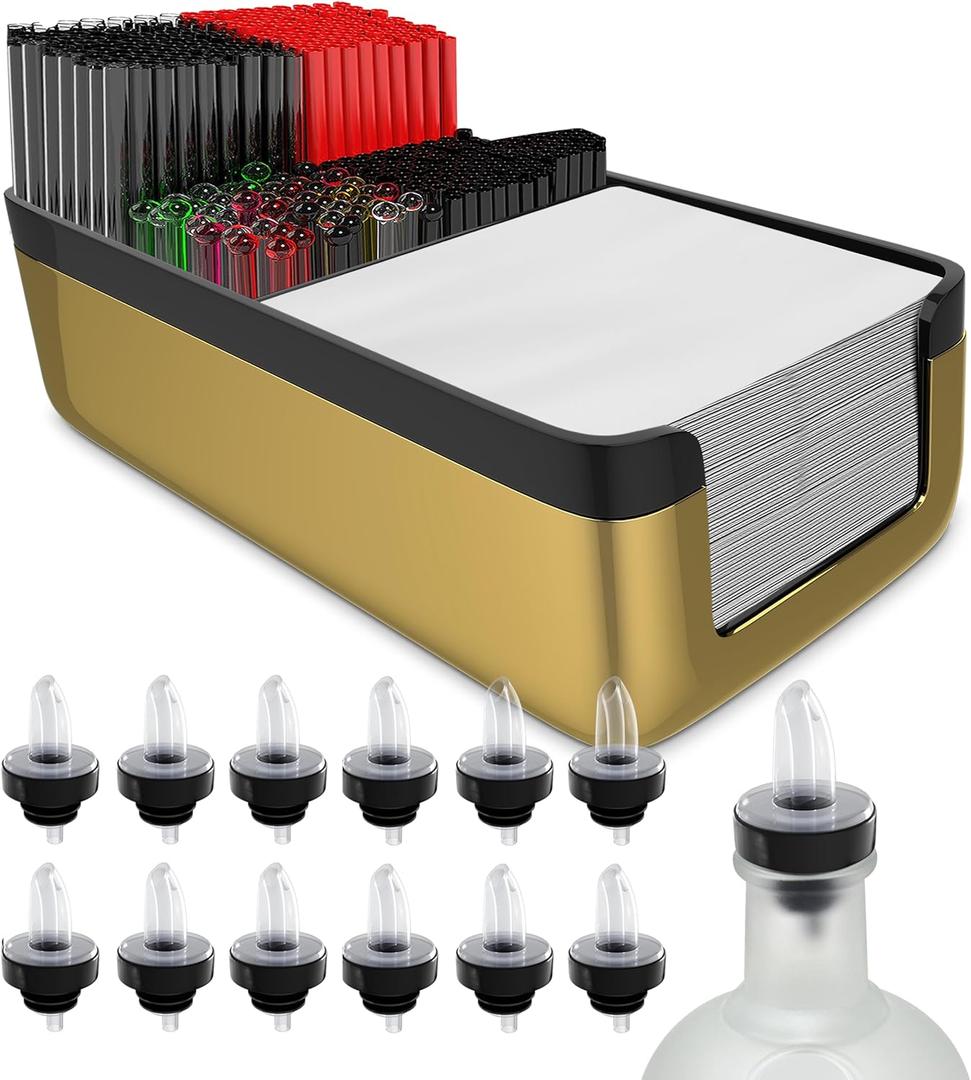 Esatto Professional Bar Products Premium Bar Caddy (Gold), Used to Easily Organize Bar Items and Workspace, With Additional 12 Pourers For Precision Pouring and 12 Pourer Covers