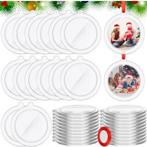 60 Pcs DIY Christmas Picture Frame Ornaments with Red Ribbon, Acrylic Xmas Tree Photo Frame Bulk, Hanging Photo Christmas Ornaments, Plastic Ornament Tree Decor (Square)