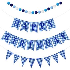 Set of 4 Blue Gingham Happy Birthday Banner Plaid Checkered Pennant Banner Decorations Felt Ball Happy 1st Birthday Garland for Gingham Party Supplies