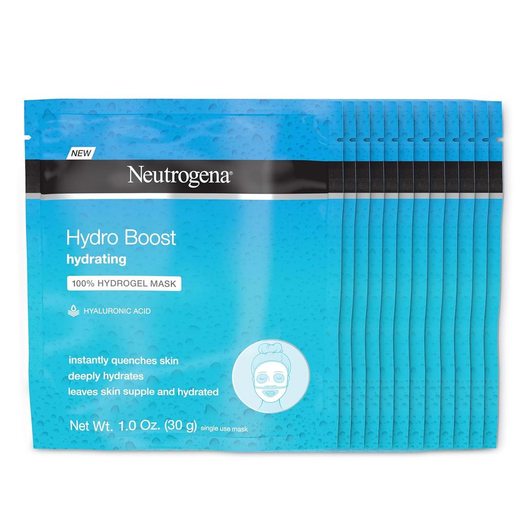 Neutrogena Hydro Boost Hydrating 100% Hydrogel Sheet Mask for Face, Moisturizing Gel Face Mask with Hyaluronic Acid for Dry Skin, Gentle, Non-Comedogenic, 1 oz, Pack of 12