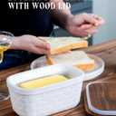 Nucookery Ceramic Butter Dish, Embossed Butter Keeper with Wood Lid for Countertop, Butter Holder and Container with Double Silicone Seal (Fan Pattern)