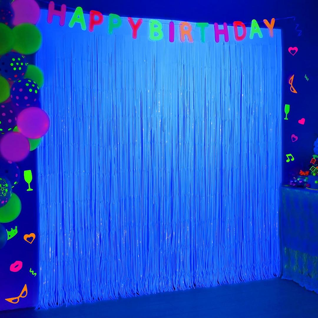 Mega-L Glow in The Dark Party Supplies, 2 Pack Neon Party Decorations 6.6 x 6.6 ft Fluorescent Macaron Light Blue Tinsel Foil Fringe Curtains, Photo Booth Prop Backdrop Streamer, Birthday Party Decor