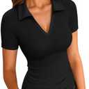 VICHYIE Womens Short Sleeve Shirts Lapel Collared V Neck Slim Fitted Ribbed Knit Tight Polo Tops Size XL
