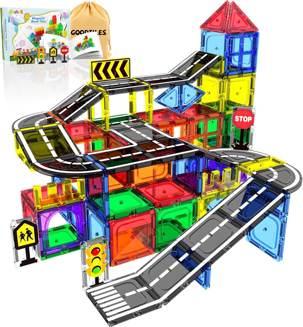 Magnetic Tiles - Road Set, Magnetic Building Blocks, Preschool Montessori Toys Gift for 3+ Year Old Boys and Girls, Sensory Christmas Toys for Kids Aged 3-5 and 4-8, Ideas for Toddler with Autism