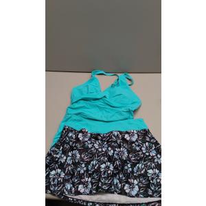 Womens Tankini Bathing Suits with Skirt Two Piece Tummy Control Swimsuits Ladies Swimwear (X-Small, Aqua and Flower)